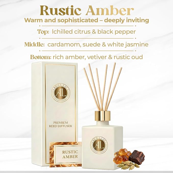 White Reed Diffusers Sticks in Oil Set | Long-Lasting Reed Diffusers for Home, Office, Bathroom, & Bedroom Decor Fragrance Diffuser | White Diffuser (Rustic Amber)