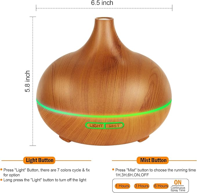 Aroma Diffuser for Essential Oils，550ml Aromatherapy Diffuser Ultrasonic Cool Mist Humidifier for Home with 7 Light Colors, 4 Timer Setting, Waterless Auto Off
