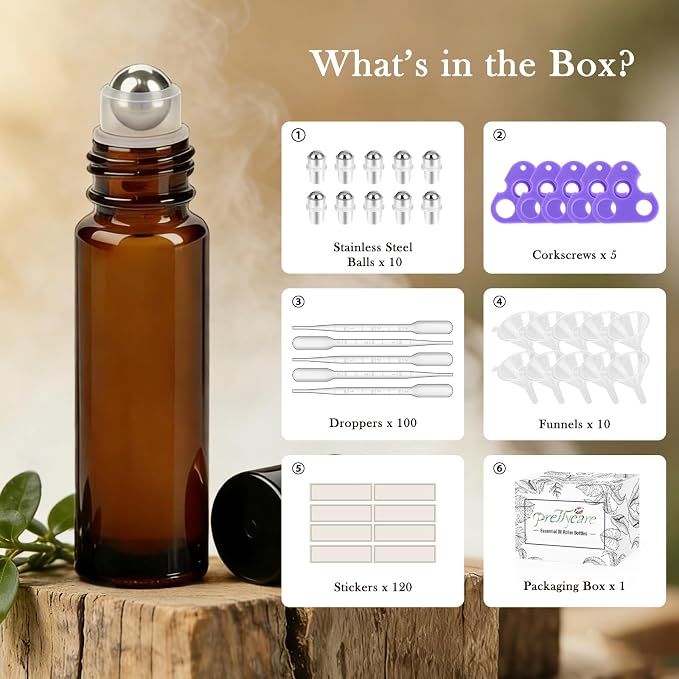 PrettyCare Set of 120, Bulk 10 ml Essential Oil Roller Bottles with Stainless Steel Roller Ball - Refillable Leak-proof Empty Thick Amber Glass Roll on Bottles with Black Caps for Travel, Perfume