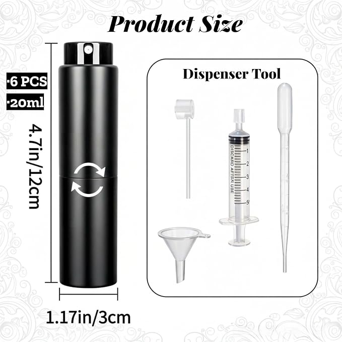 6 Pack 20ml Cologne Travel Bottle, Refillable Perfume Atomizer, Leakproof Travel Perfume Spray Bottle with Dispenser Tool, Empty Portable Fragrance Sprayer for Man, Woman, Black