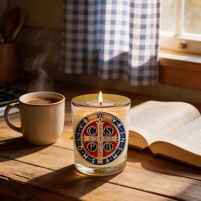 Saint Benedict Medal Candle 50 Hours│Hand-Poured Natural Soy Wax│Protection from Evil, Peace, Guidance, Holy Death, Spiritaul Discipline│Design in Paris│3“×3.6”