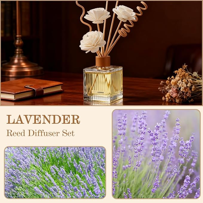 Lavender Reed Diffuser - 6.7 oz Glass Bottle with 4 Rattan Sticks, 3 Dried Flowers | Adjustable, Long-Lasting Scent for Home, Bedroom, Living Room, Office, Bathroom | Aromatherapy Gift