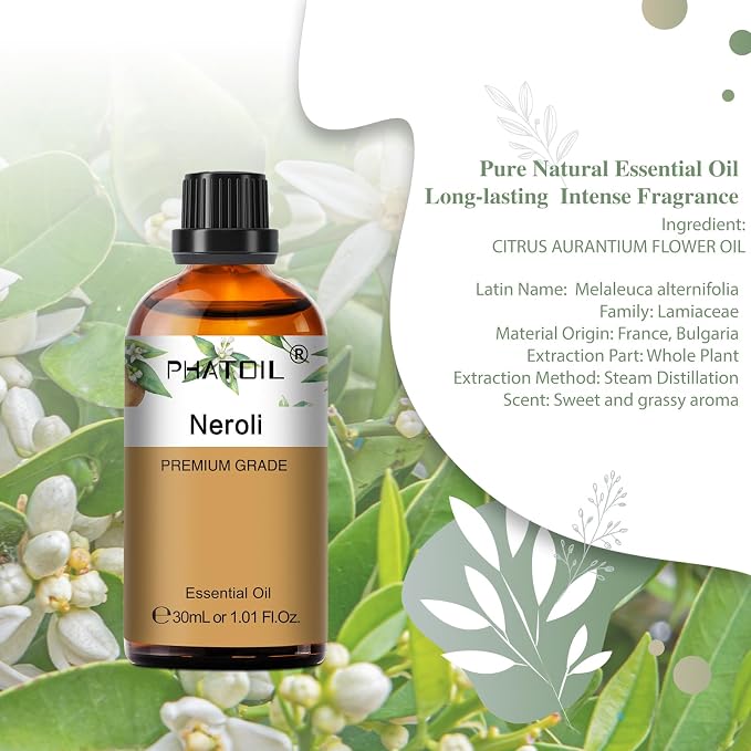 Neroli 1.01fl.oz Essential Oil, PHATOIL Pure Aromatherapy Oils for Diffuser, Humidifier, Perfect for DIY Soap, Candle, Bath Bombs Making(30ml)
