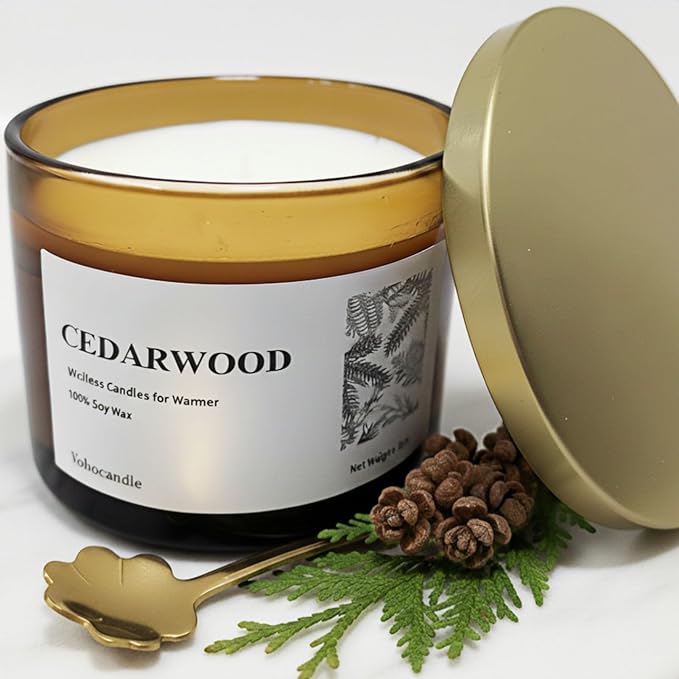 VOHO Cedar Wickless Candles Ideal for Candle Lamp Warmer, 9oz Soy Candle with Stirring Spoon & Lid, Cedarwood Wickless Candles for Candle Warmer Lamp, Winter Holiday Gifts for Men & Home Scented