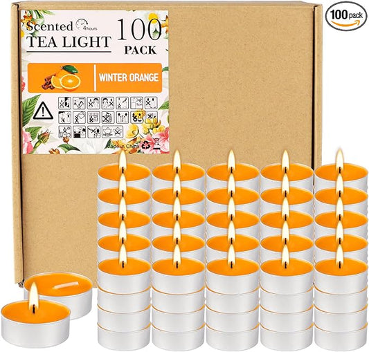 100 Pack Scented Tealight Candles 4 Hours, Winter Orange Aromatherapy Candles for Votive Home, Wedding Holiday and Emergency (Orange)