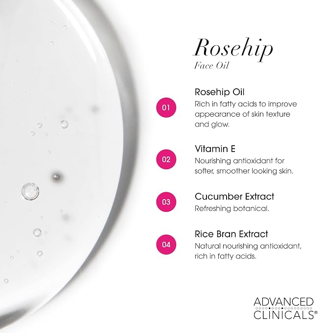 Advanced Clinicals Rosehip Oil For Face With Vitamin E + Botanicals Helps Improve Look Of Dark Spots, Wrinkles, Fine Lines, & Uneven Looking Skin Tone | Moisturizing Skin Care Face Serum, 1.8 Fl Oz