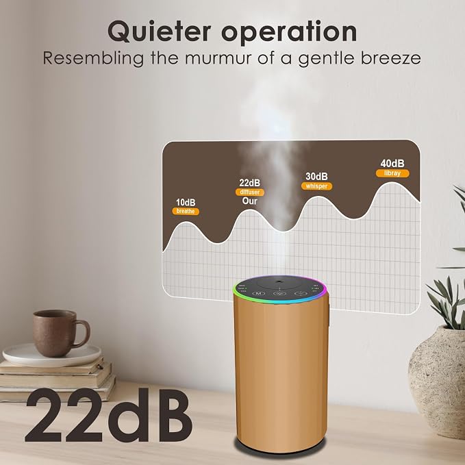 Waterless Essential Oil Diffuser, 7 Colors LED Light, Battery Powered Mini Scent Air Machine, Aromatherapy Mist Diffuser for Home Room Car Office，Black Aluminum Alloy (Gold-LED)