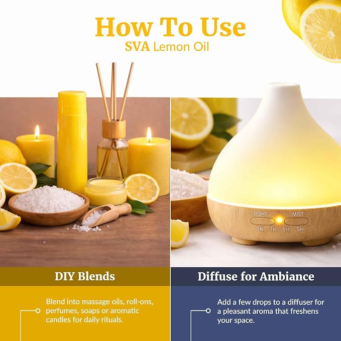 SVA Lemon Essential Oil Organic – 2 Fl Oz – 100% Natural Organic Lemon Oil - for Diffuser, Hair, Face, Skin Care, Aromatherapy, Scalp and Body Massage, Soap and Candle Making - with Dropper