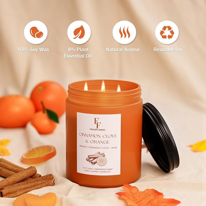 Large Christmas Spices Candle Cinnamon Clove Scented, 3-Wick 22oz Long Lasting Scented Candle, Natural Soy Wax Aromatherapy Candle for Home, Holiday Candle Gifts for Women Men