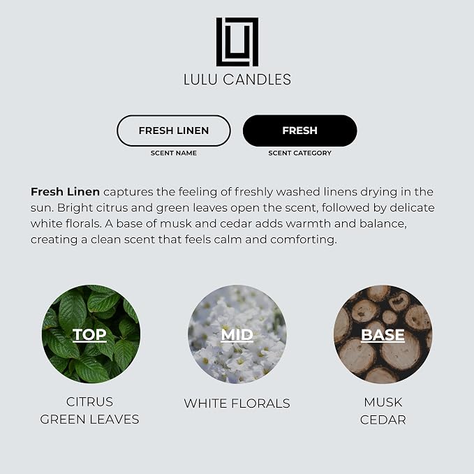 Lulu Candles | Fresh Linen | Luxury Scented Soy Jar Candle | Hand Poured in The USA | Highly Scented & Long Lasting | 11 Oz.