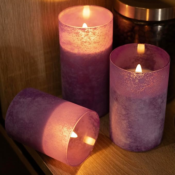 ANGELLOONG Purple LED Candles for Home Decor, Glass Flameless Candles with Remote, Set of 3 Battery Operated Pillar Candle for Fall Halloween Decoration