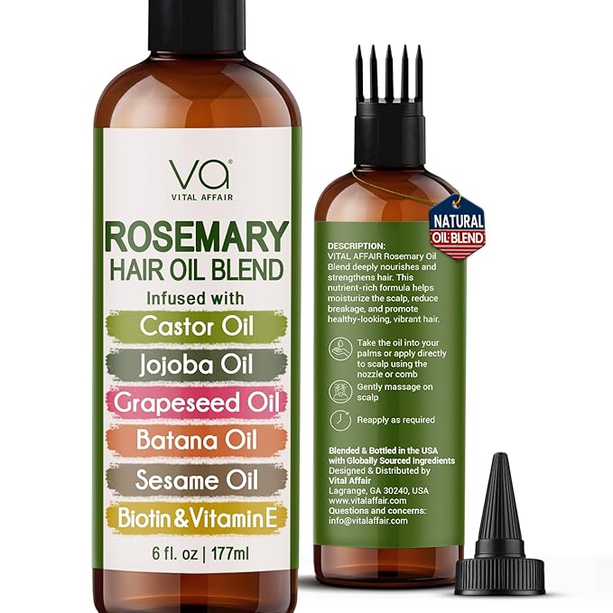 Blend Of Pure Rosemary Oil For Hair Growth With Castor, Batana, Jojoba Oil-Infused With Biotin & Vitamin E-Blend of Effective Hair Oils for Hair Growth-Strengthening Treatment-By Vital Affair-6 Fl Oz