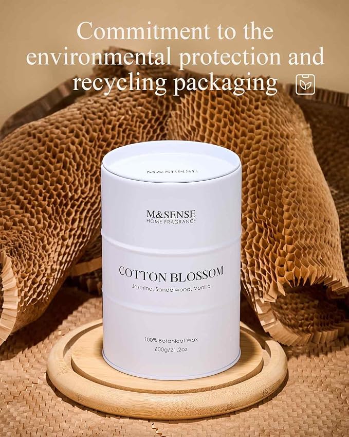M&SENSE Cotton Blossom Scented Candles, Large, Natural Soy, 21.2oz | 120 Hour Slow Burning, Aromatherapy, Stress Relief, Meditation, Relaxing