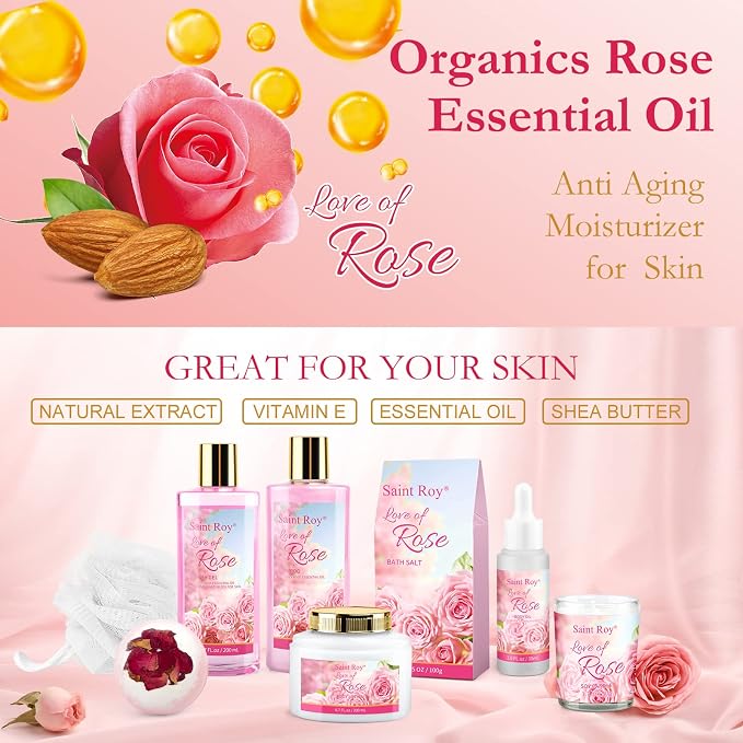 Spa Gifts Basket for Women, Rose Bath and Body Gift, Facial Skin Care Set, Self Care Pampering Kit, Bath Gift Set Spa Gift Set, Home Spa Self Care, Birthday, Mother Day, Bridal Shower