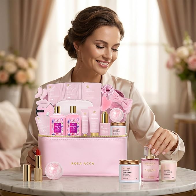 Gifts for Women, Gifts Basket for Women, 25 Pcs Rose Bath & Body Gift Basket Set, Hydrating Skin Care Gift Set, Self Care Gifts, Cosmetic Bag, Necklace, Christmas, Birthday, Anniversary, Mom, Wife