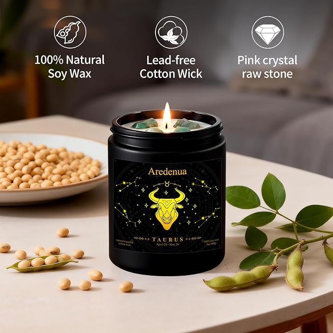 Taurus Birthday Gifts Candle | Zodiac Crystal Candles with Green Aventurine Healing Crystals - Balsamic Cedar Woody Scented Soy Candle, 7oz 50 Hour Burn, Unique Spiritual Astrology Gifts for Women Men