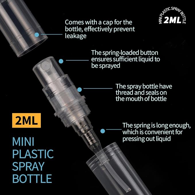 Fandamei Mini Spray Bottle, 60PCS 2ml Mini Clear Plastic Spray Bottle Empty, Fine Mist Refillable Mini Perfume Bottle. Small Empty Sample Containers Bottle. 2ml, 60 Pack, Clear, FANL-093