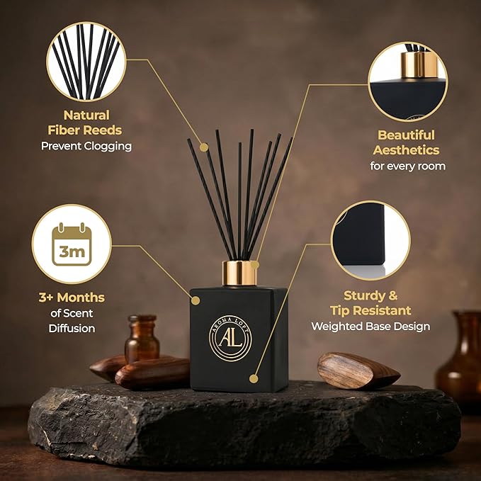 Reed Diffuser - Fragrance Diffuser for Home - 5 oz. Oil Diffuser Sticks - Bathroom Diffuser Set- Oil Diffuser Reeds - Scent Sticks in Oil-Office Smell Good Stuff (Black, Rustic Amber)