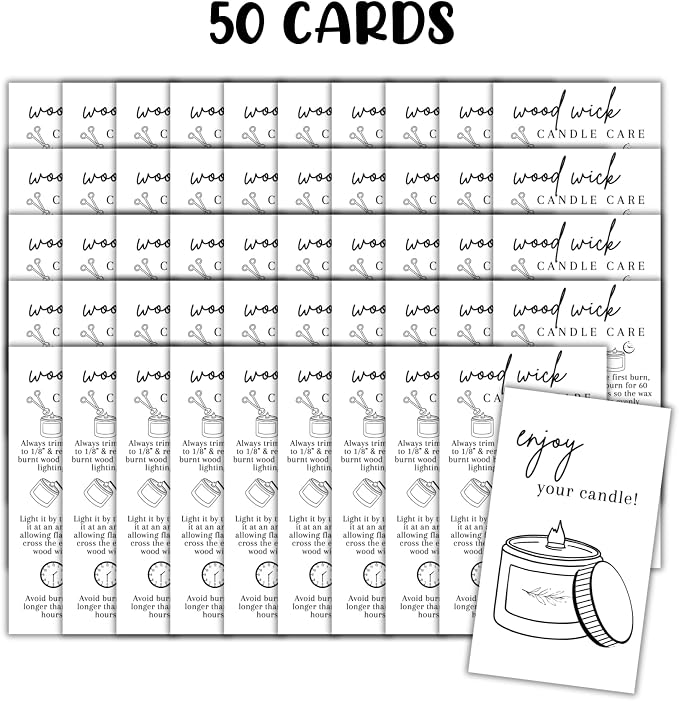 Wooden Wick Candle Care Instruction Cards 50pk 2x3.5” Wood Burning Custom Warning Label How To Cut Wick for Customers Thank You Cardstock