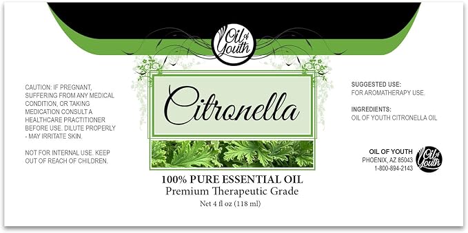 Oil of Youth Citronella Essential Oil 4 Fl Oz – Therapeutic Grade for Aromatherapy, Diffuser, Candle Making