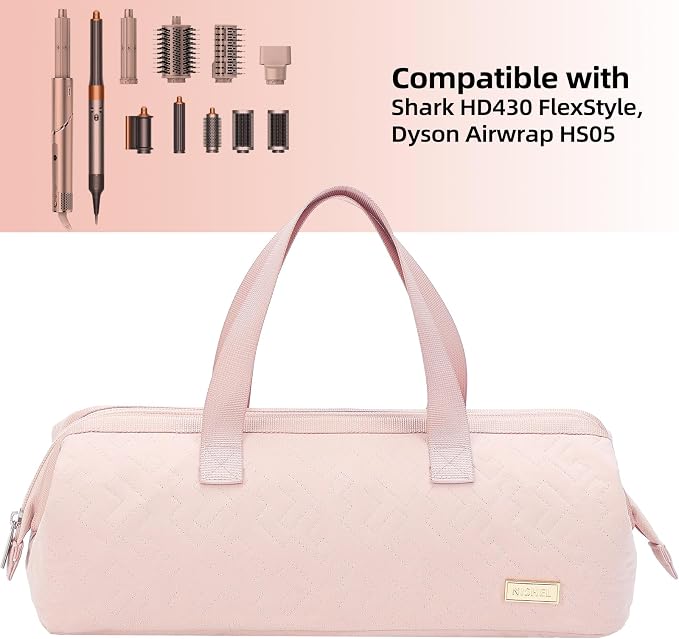 NISHEL Hair Tools Travel Carrying Bag, Portable Hair Air Wrap Dryer Case, Hair Dryer/Curling Iron/Airstraight Attachment Organizer, Pink