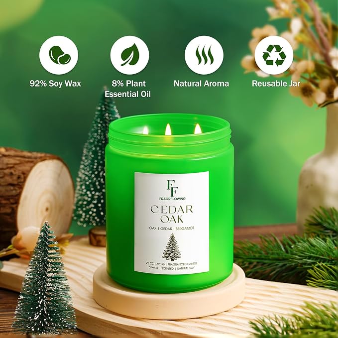 Cedar Oak Large Candle, 3-Wick 22oz Long Lasting Scented Candle | Natural Soy Wax, Aromatherapy Candle for Home, Candle Gifts for Women Men