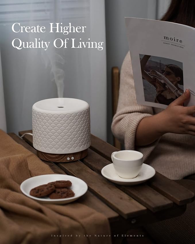 Essential Oil Diffuser - 280ml Ceramic Diffuser for Large Room & Commercial Use, 2.4MHz Aromatherapy Diffuser with Cool Mist Humidifier & Night Light, Ideal for Bedroom, Office, Yoga, Spa, Gifts