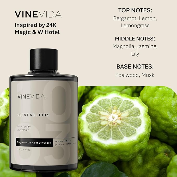 VINEVIDA [16 Fl Oz] Scent NO. 1003 Inspired by 24K Magic Fragrance Oil for Cold Air Diffusers, Aromatic Notes of Lemon Jasmine Musk, Essential Oils for Diffuser Oil Refill & Air Freshener Room Spray