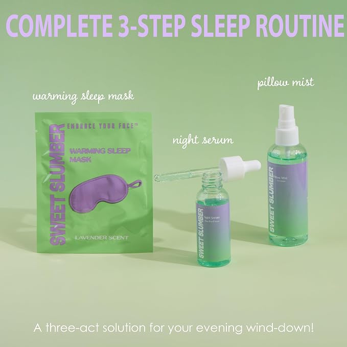 EXPRESSIONS 3pc Bedtime Wellness Set – Sweet Slumber Lavender Scented Sleep Kit – Includes Warming Sleep Mask, Night Serum, and Soothing Pillow Mis