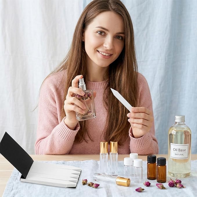 56 Pcs Perfume Making Kit - Includes 100 Fragrance Test Strips, 20 Sample Vials, Roller & Spray Bottles, Glass Beakers, Stirring Rods & Pipettes - DIY Essential Oil Blending Tools, No Oils