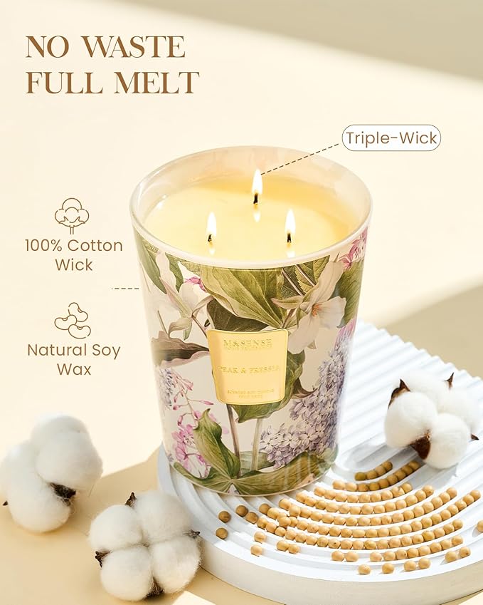 M&SENSE Pear Freesia Soy Candle, 35oz 3 Wick 150H Long Lasting Non Toxic, Natural Scent Fruity Floral, Summer Living Room Refresh, Housewarming Gifts