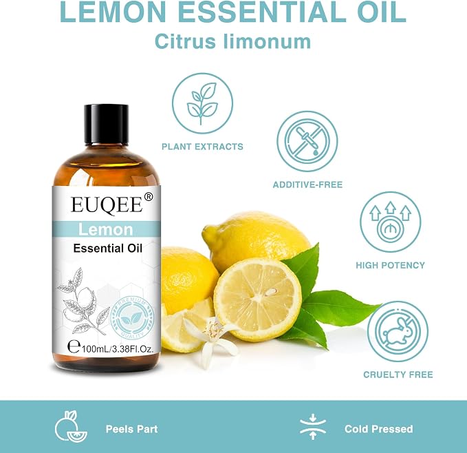 EUQEE 100ml Lemon Essential Oil, Pure Lemon Essential Oil for Diffuser, Massage, DIY Soap,Candle Making, Skin & Hair Care - 3.38 Fl Oz