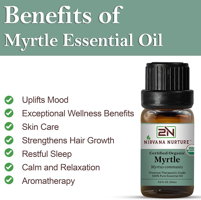 Myrtle Essential Oil, USDA Certified Organic, 100% Pure Undiluted, Aromatherapy Oil for Diffuser, Hair & Skin Care