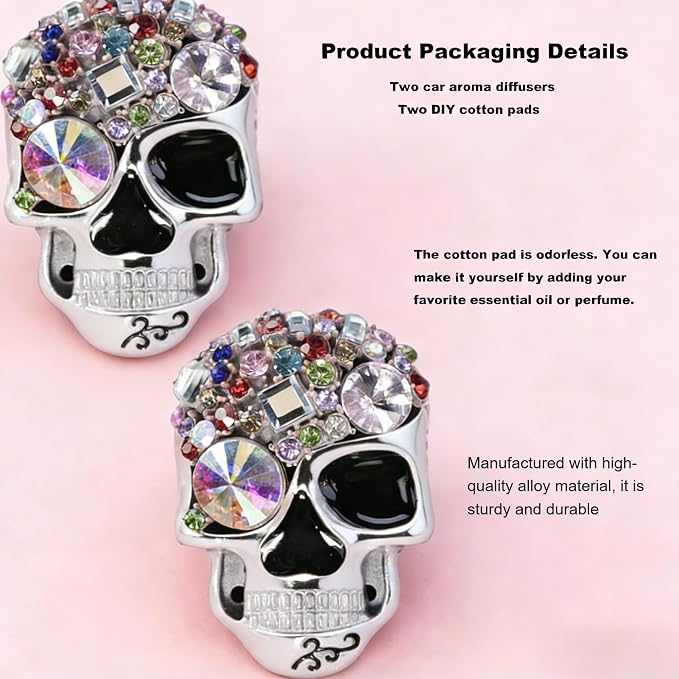 Gothic Skull Car Air Freshener Vent Clips with 2 Pads, Halloween Scented Car Accessories for Men Women, Automotive Interior Decor and Cool Car Fresheners for Men， Spooky Gift Idea-A7