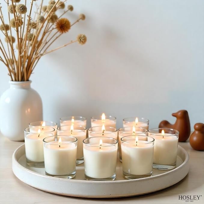 Hosley Set of 12 White Unscented Votive Candles in Clear Glass Holders - Hand Poured Soy Wax, 10-12 Hour Burn Time for Weddings & Home Decor