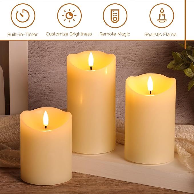 Ivory Flameless Pillar Candles with Remote, LED Candles Battery Operated, Real Wax Electric Candles Flickering Set of 3