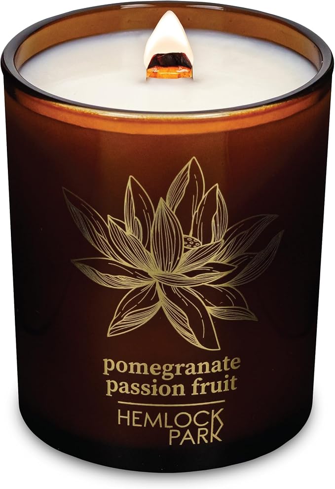 Hemlock Park Pomegranate Passion Fruit Amber & Gold Scented Candle | Crackling Wood Wick, Botanical Fragrance & Coconut Apricot Wax | Up to 50 Hour Burn Time | 7.2 oz | Made in USA