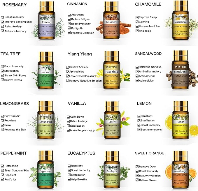 PHATOIL Essential Oil Set, 12x5ml Essential Oils Gift Set with Diffused Wood, 100% Natural Pure Essential Oils for Diffusers DIY Candle Soap Making