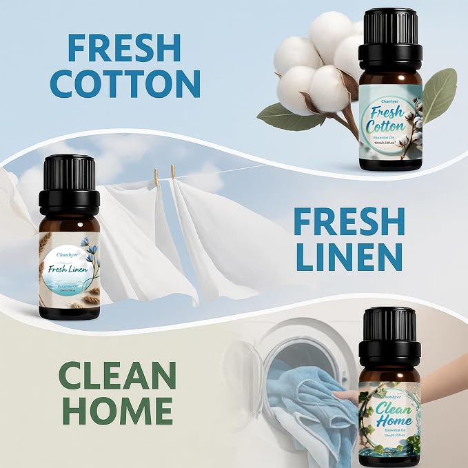 Clean Essential Oils Set 6x10ml-Fresh Linen,Mint,Clean Home,Silken Breeze,Fresh Cotton,Floral Soap for Diffuser,Home Fragrance