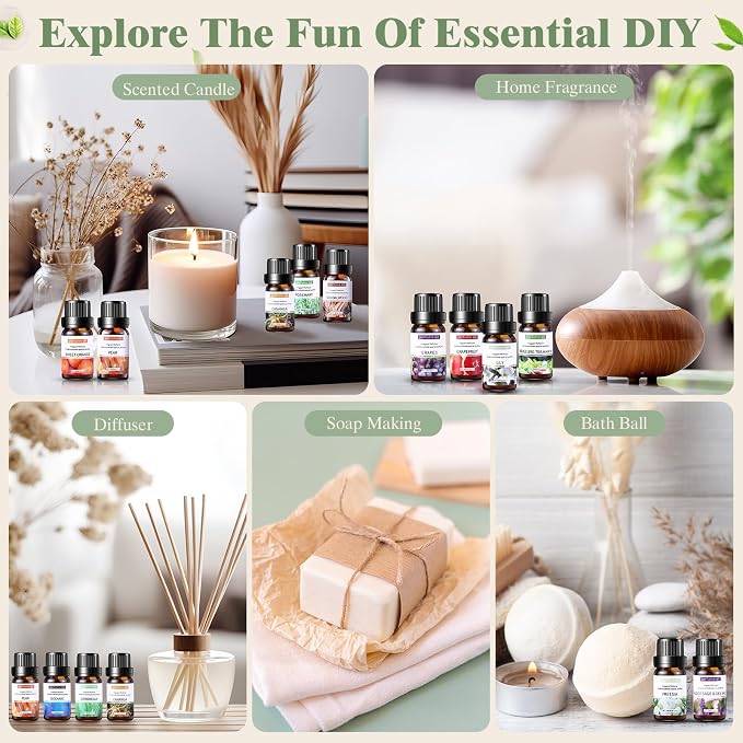 24 Pcs Essential Oil Set for Diffuser 10ml Sweet Orange Lavender Lemongrass Peppermint Eucalyptus Rose Each Fragrance Oil for Candle Making, Soap Making, Aromatherapy, Humidifiers (Fresh)