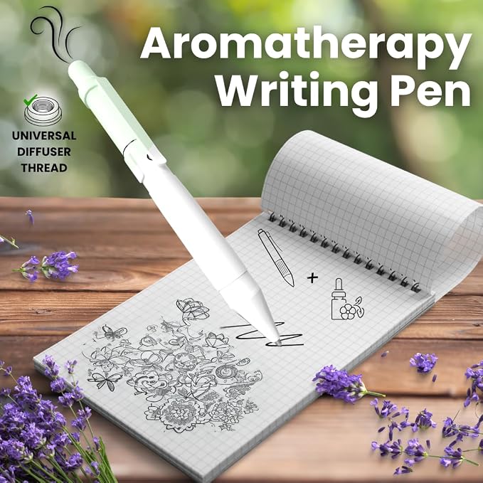 Aromatherapy Writing Pen Battery with Real Ink Tip and Hidden Diffuser Port, Soft Touch Ballpoint for Note Taking, Signature, and On-The-Go Relaxation, Rechargeable Wellness Gift for Office (Glow)