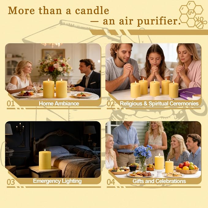 Beeswax Candles Pillar 3x4 Inch, 4 Pack Non Toxic Bees Wax Candle for Home Decor, Large Natural Organic Pillar Candle with 60 Hours Long Burning Time for Emergency, Meditation, Relax