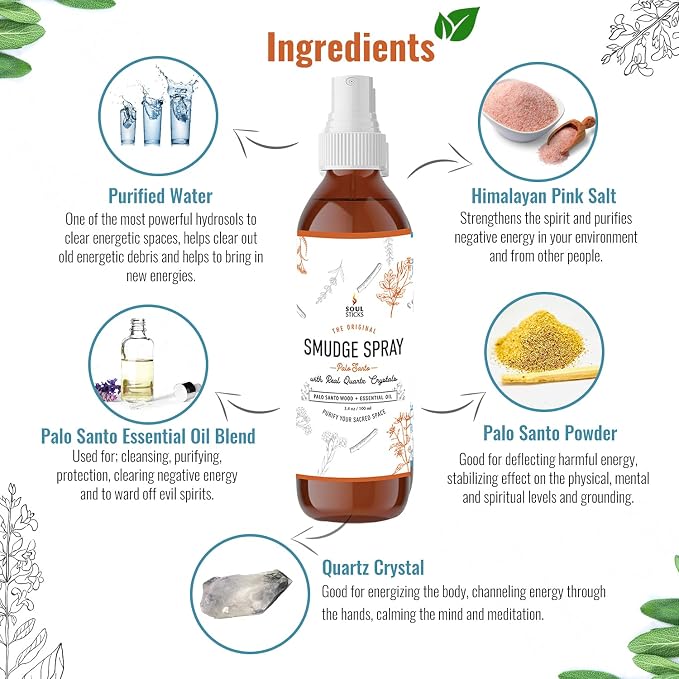 SOUL STICKS Palo Santo Smudge Spray – 3.5oz Smokeless Energy Mist with Quartz Crystals – Non-Toxic Cleansing Spray for Room, Meditation, Travel, Spiritual Rituals & Aura Purification