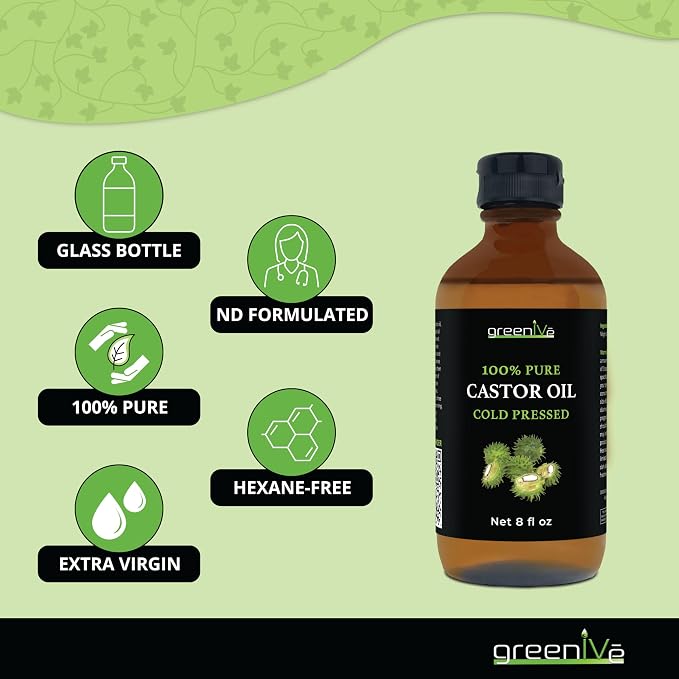 GreenIVe 100% Pure Castor Oil – Cold-Pressed, Hexane-Free – Hair, Eyebrows, Eyelashes, Skin Moisturizer, Castor Pack Wrap Oil GLASS Bottle (8 Fl Oz)