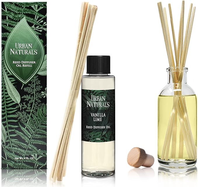 Urban Naturals Reed Diffuser Oil Refill, Vanilla Lime Citrus Essential Oils with Cane Sugar, Lime, Vanilla, 4 oz + Free Reed Sticks, Made in the USA