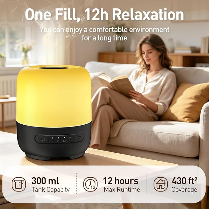 Essential Oil Diffuser, 300ml Ultrasonic Aromatherapy Oil Diffuser & Humidifier with 7 Color Night Lights, Quiet 20dB Operation for 12 Hours, for Home, Bedroom, Office (1)