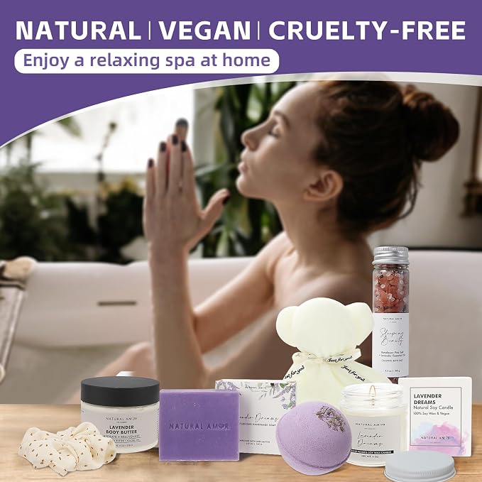 Natural Amor Lavender Spa Gifts for Women,7pcs Self Care Box Including Handmade Soap Bar, Candle, Bath Butter