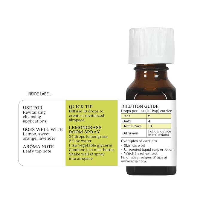 Aura Cacia Essential Oil, Inspiring Lemongrass, 0.5 Fluid Ounce, Packaging May Vary