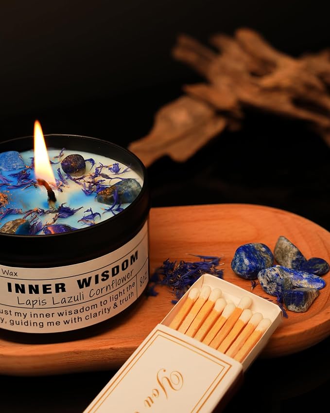 Inner Wisdom Candle – Lapis Lazuli Intuition Ritual | Third Eye Chakra | Clarity | Self-Trust | Spiritual Gift | Vegan Soy Crystal Candle (8 oz).