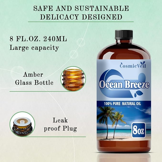 Ocean Breeze Essential Oil Ocean Breeze Oil for Aroma Diffuser,Humidifier,Home Fragrance,Cleaning,Body Care,Massage,Yoga,DIY Candle,DIY Soap CosmicVeil（Ocean Breeze，8 Fl Oz (Pack of 1)）